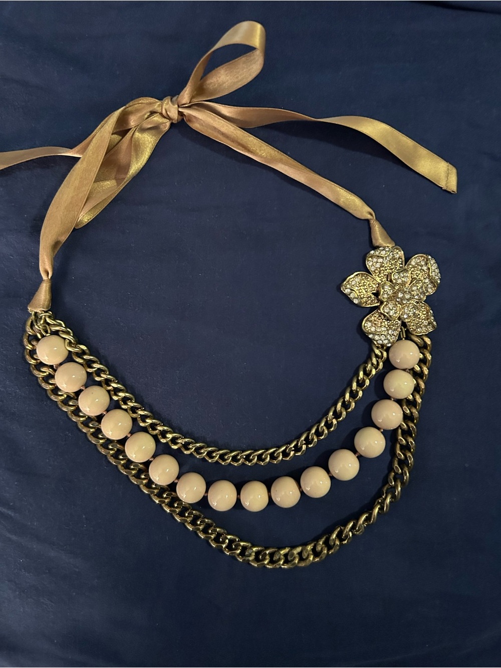 Talbots Gold-Tone Pink Bead Ribbon Necklace with Crystal Flower Accent